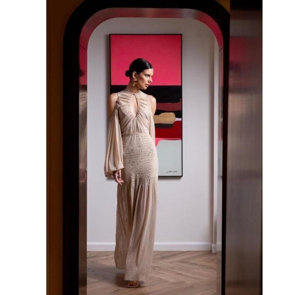 Alice McCall Spell Gown Maxi Dress nude neutral metallic knit mesh Size 4